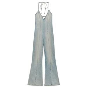 Zara Barbie Denim Jumpsuit | Light Wash Flared Leg Halter | Y2k Cowgirl | Small
